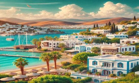 A scenic view of Bodrum’s coastline with turquoise waters, historic architecture, and vibrant landscapes, capturing the essence of a holiday in Bodrum