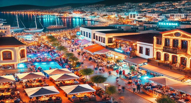 A vibrant nighttime scene of Bodrum with lively streets, illuminated venues, and people enjoying outdoor cafes, capturing the energy of Bodrum's nightlife