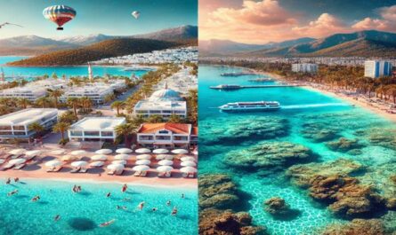 A split view of Bodrum’s serene beaches and Antalya’s vibrant coastline, showcasing the unique charms of each Turkish holiday destination