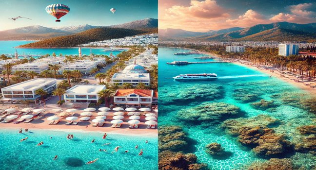 A split view of Bodrum’s serene beaches and Antalya’s vibrant coastline, showcasing the unique charms of each Turkish holiday destination