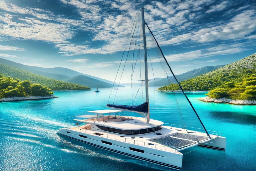 Ein Katamaran segelt in Kroatien auf klarem, türkisfarbenem Wasser vor grünen Inseln und Hügeln unter einem strahlend blauen Himmel