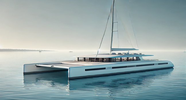 "A tranquil catamaran cruise over clear, calm waters beneath a sunny sky. Showcasing the comfort and stability of catamaran design