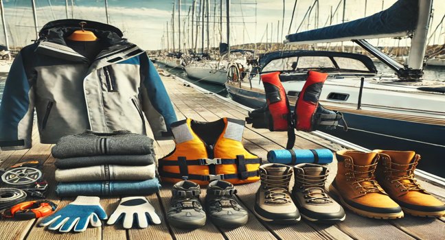 Prepare for a safe boating experience with essential clothing and gear, including waterproof jackets, life vests, gloves, and sturdy footwear, ideal for every maritime adventure