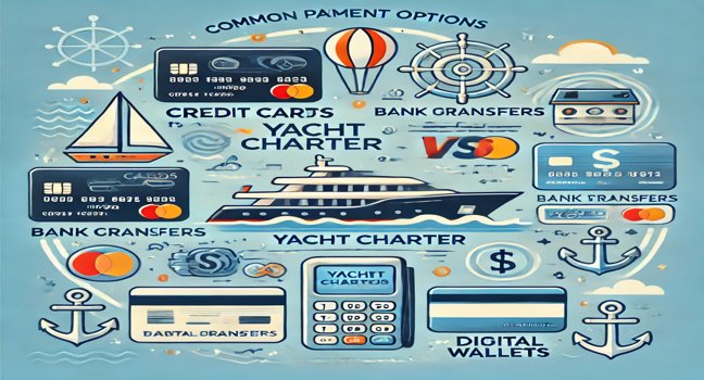 An informative graphic displaying common payment methods for yacht charters, including credit cards, bank transfers, and digital wallets, each represented with icons and brief descriptions against a nautical-themed background