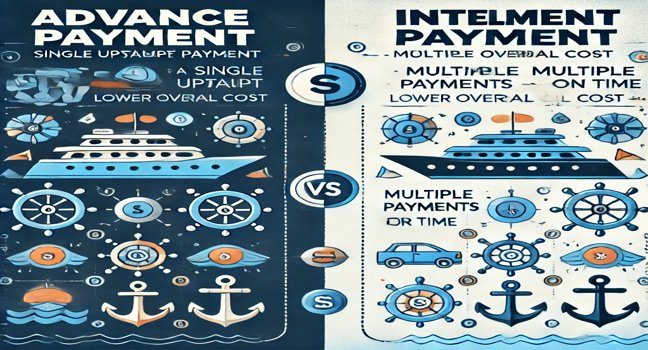 A comparative graphic illustrating the differences between advance payment and installment payment for yacht charters, highlighting the benefits and payment structure of each option in a nautical-themed background