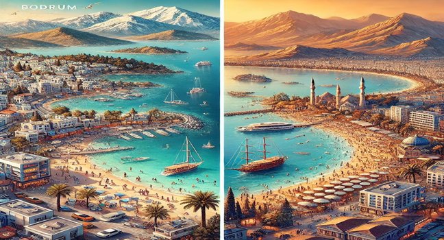 A detailed side-by-side comparison showing Bodrum’s tranquil beaches and nightlife against Antalya’s lively beaches, golden sands, and majestic mountains, highlighting the unique features of both destinations