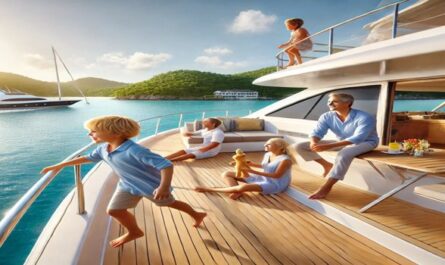 Eine Familie auf einer Yacht. Kinder spielen auf dem Deck, während die Eltern entspannen. Im Hintergrund sind ruhige Gewässer und Küstenlandschaften zu sehen