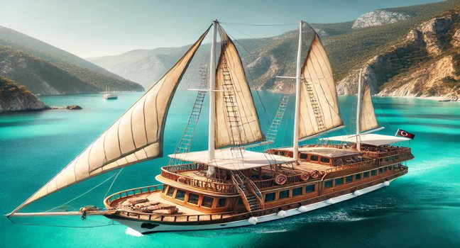 Enjoy the charm of Turkey’s coastline aboard a spacious gulet boat, featuring elegant wooden design and ample deck space for a scenic journey on turquoise waters