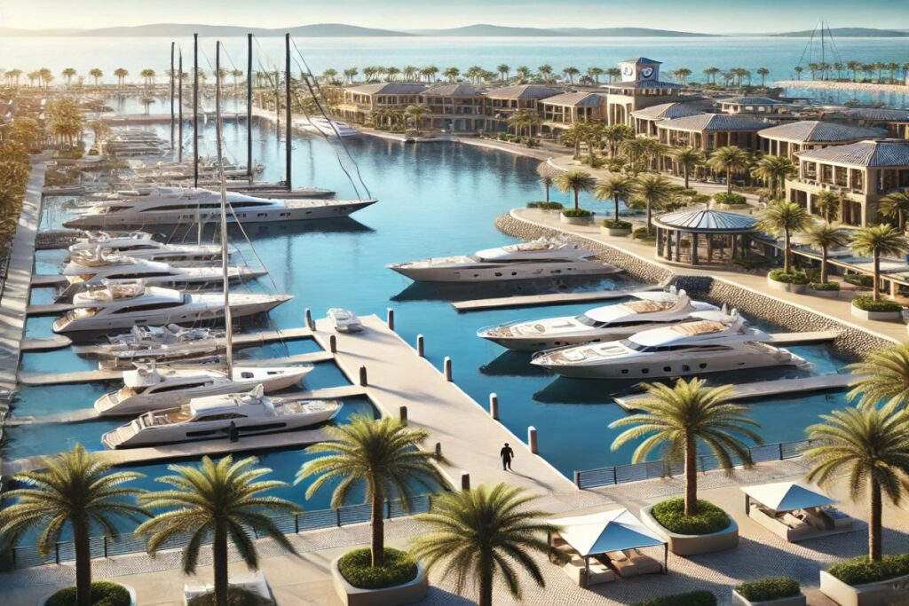 Eine luxuriöse Marina mit eleganten Yachten, umgeben von erstklassigen Resorts und Palmen, bietet deutschen Urlaubern eine exklusive Umgebung für Entspannung und Komfort