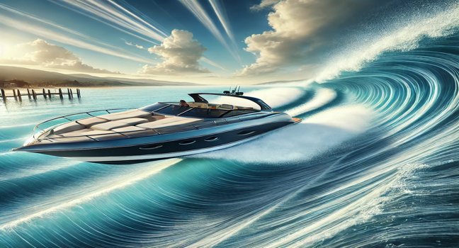 A sleek motor boat glides across clear blue water, leaving gentle waves behind. The boat features modern seating and is set against a scenic coastline with distant hills under a sunny sky, capturing the excitement of motor boating