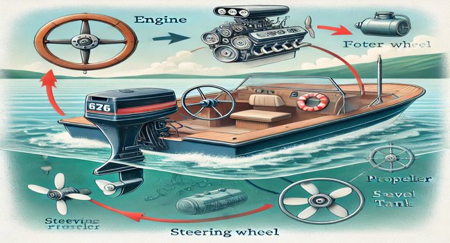 An educational illustration of a motor boat with labeled parts including the engine, propeller, steering wheel, and fuel tank. Arrows show power flow from the engine to the propeller, set against calm water, providing a clear view of motor boat mechanics