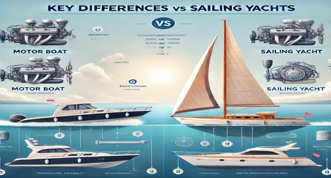 Side-by-side illustrations of a motor boat and a sailing yacht on calm water, highlighting key differences like engines, sails, and operational styles with labeled parts for easy comparison