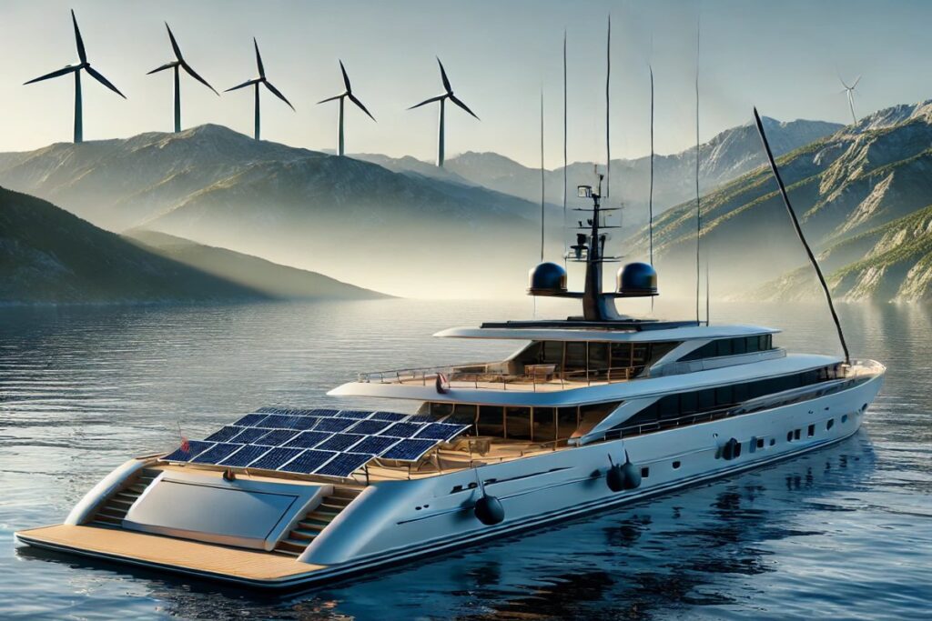 Eine moderne, umweltfreundliche Yacht mit Solarpanelen, die sanft über ruhiges, blaues Wasser gleitet. Die innovative Bauweise und nachhaltigen Materialien zeigen, wie Luxus und Umweltbewusstsein auf dem Wasser vereint werden können