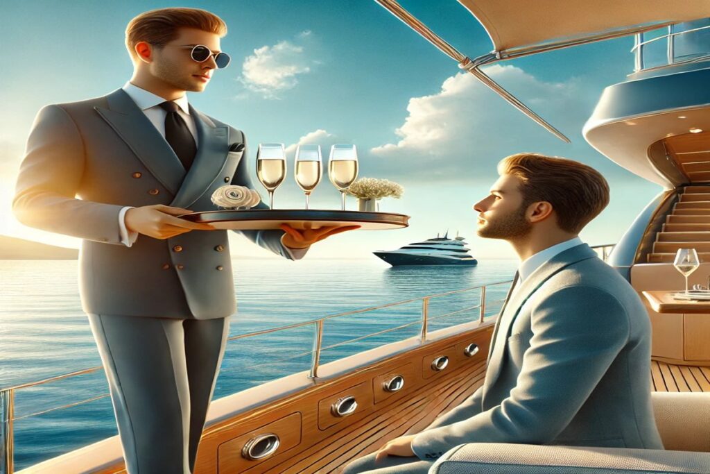 Ein Gast auf einer Luxusyacht erhält persönlichen Service mit einem Drink, während die ruhige See und ein klarer Himmel eine entspannte Atmosphäre schaffen