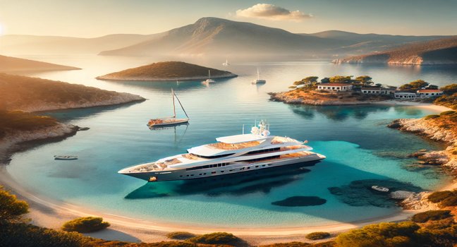 A yacht anchored in calm Greek waters, with a scenic island backdrop of beaches and cliffs, capturing the planning of a serene yacht holiday