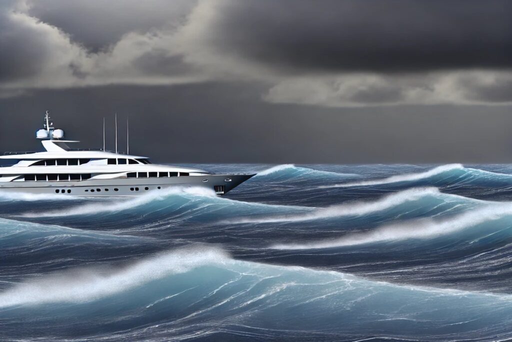 Eine Luxusyacht navigiert durch stürmische See mit hohen Wellen und dunklen Wolken – die Szene veranschaulicht typische Herausforderungen und Risiken von Yachtreisen auf hoher See