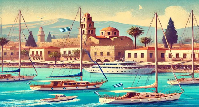 A picturesque scene of boat rentals in Rhodes, Greece, featuring sailboats and yachts near the historic Old Town with turquoise waters, ancient architecture, and clear skies, showcasing Rhodes as a prime destination for boat rentals