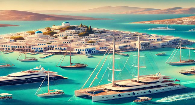 A scenic image of boat rentals near Greek islands, featuring sailboats and yachts anchored by iconic white buildings and turquoise waters, highlighting Greece as a top destination for island exploration