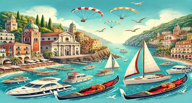 A picturesque scene showcasing various boats available for rent along the stunning Italian coastline, featuring iconic landmarks like the Amalfi Coast, colorful seaside villages, and clear blue waters, emphasizing Italy as a prime destination for boat rentals