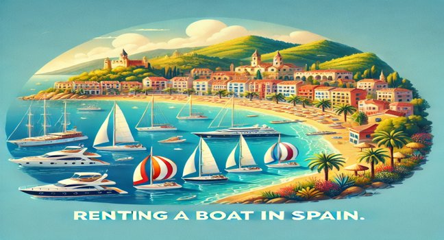 A scenic depiction of boat rentals along Spain’s vibrant coastline, with sunny beaches, colorful towns, and clear waters, highlighting Spain as a prime destination for ocean adventures