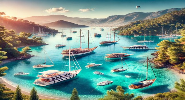 A scenic image showcasing various boats available for rent along Turkey’s coastline, featuring clear blue waters, lush greenery, and picturesque landscapes, highlighting the beauty of Turkey as a top destination for boat rentals