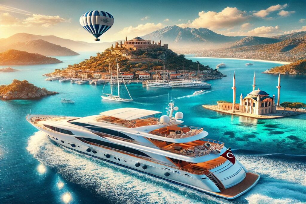 Eine fesselnde Darstellung der Top-Yachtcharter-Ziele für einen perfekten Urlaub in der Türkei, mit einer atemberaubenden Yacht auf klarem Wasser und einer beeindruckenden Küstenlandschaft im Hintergrund