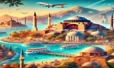 Eine beeindruckende Darstellung der Türkei, die ikonische Sehenswürdigkeiten wie die Hagia Sophia und wunderschöne Küstenlandschaften zeigt, die das Land als eines der besten Reiseziele der Welt hervorheben