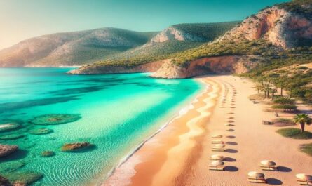 Goldener Sand und türkisblaues Wasser treffen auf grüne Hügel und Klippen an den Stränden der Türkei – ein perfektes Ziel für Erholung und Naturgenuss