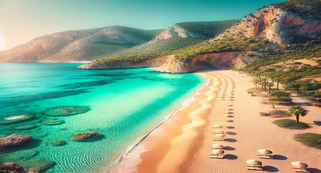 Goldener Sand und türkisblaues Wasser treffen auf grüne Hügel und Klippen an den Stränden der Türkei – ein perfektes Ziel für Erholung und Naturgenuss