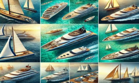 A collage showcasing various types of yachts including sailboats, motor yachts, catamarans, and luxury superyachts, each presented in vibrant sea settings to highlight their unique features