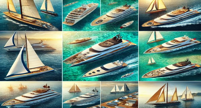 A collage showcasing various types of yachts including sailboats, motor yachts, catamarans, and luxury superyachts, each presented in vibrant sea settings to highlight their unique features