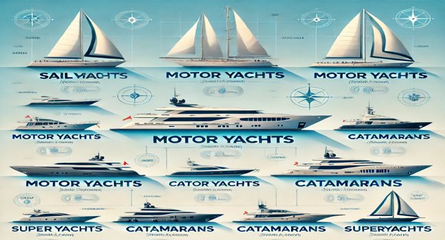 An informative visual representation showcasing various yacht types, including sailboats, motor yachts, catamarans, and luxury superyachts