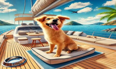 Eine fröhliche Darstellung eines Hundes, der seinen Urlaub mit Hund auf einer Yacht genießt