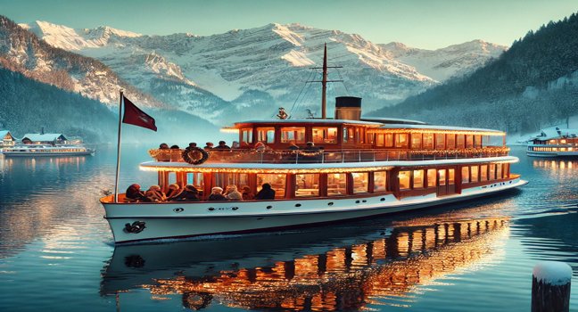 Embark on a peaceful winter cruise through calm waters, with snowy mountain views and cozy onboard ambiance, perfect for enjoying the season’s scenic beauty