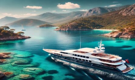 Eine luxuriöse Yachtcharter in der Türkei führt entlang türkisblauer Küsten und felsiger Landschaften. Genießen Sie das ruhige Wasser und die grünen Hügel – perfekt für eine unvergessliche Reise