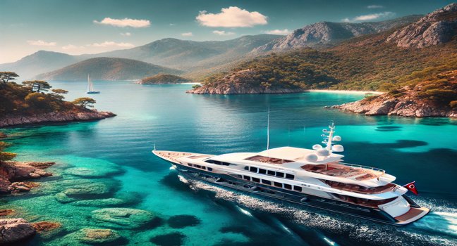 Eine luxuriöse Yachtcharter in der Türkei führt entlang türkisblauer Küsten und felsiger Landschaften. Genießen Sie das ruhige Wasser und die grünen Hügel – perfekt für eine unvergessliche Reise