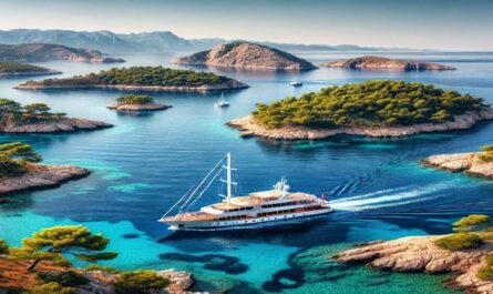 A yacht gliding along Croatia's coastline, with clear waters, rugged cliffs, and charming islands, reflecting the beauty of a Croatian yacht adventure