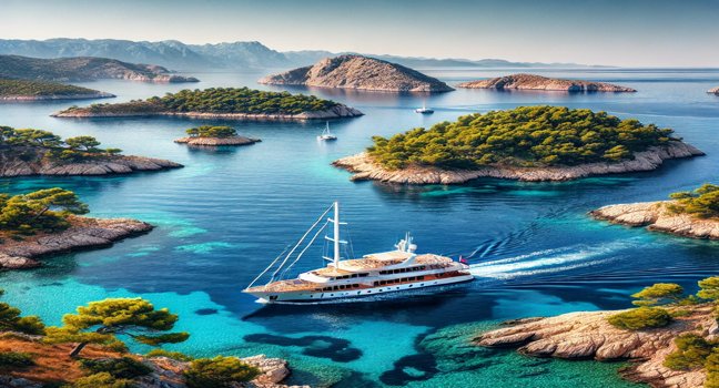 A yacht gliding along Croatia's coastline, with clear waters, rugged cliffs, and charming islands, reflecting the beauty of a Croatian yacht adventure