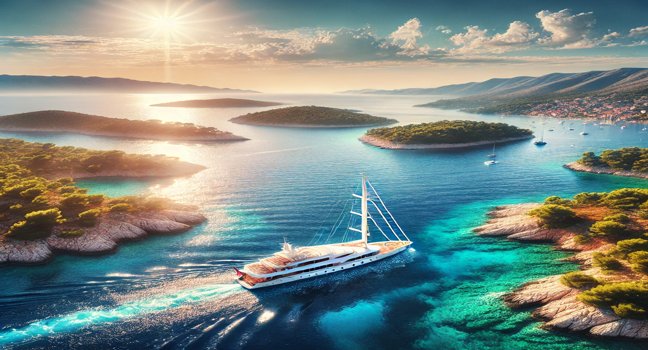 A yacht cruising along Croatia's sunlit coast, with sparkling blue waters, rugged cliffs, and idyllic islands—a perfect choice for a summer holiday