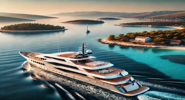 A luxurious yacht anchored in Croatia’s clear waters, with scenic islands and a serene coastline, symbolizing the appeal of a Croatian yacht holiday