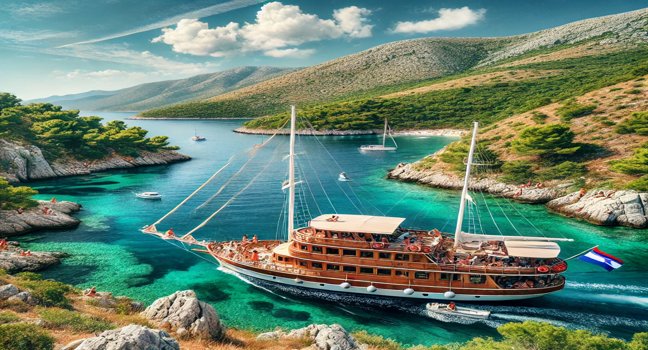 A traditional gulet boat anchored near Croatia's breathtaking coastline, featuring turquoise waters, lush green hills, and small islands, offering a relaxing and unique travel experience