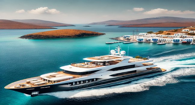 Eine luxuriöse Yacht segelt durch den Ägäischen Golf, umgeben von türkisfarbenem Wasser und malerischen Inseln mit weißen Häusern – perfekt für Ihren Yachtcharter