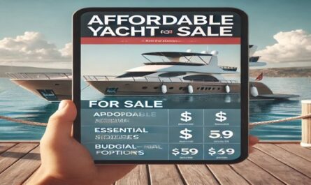 A close-up view of an affordable yacht with essential features, docked at a marina and ready for purchase with a For Sale sign displayed