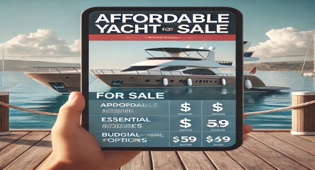 A close-up view of an affordable yacht with essential features, docked at a marina and ready for purchase with a For Sale sign displayed