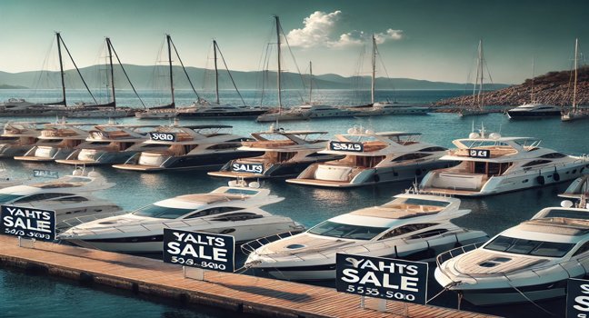 A marina in Turkey with a selection of yachts for sale, offering various sizes and styles at affordable prices for potential buyers