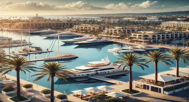 Elegante Yachten in einer luxuriösen Marina mit gehobenen Resorts und Palmen – perfekte Ziele für deutsche Urlauber, die Exklusivität suchen