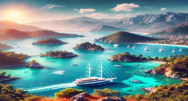 Eine Yacht segelt durch die Buchten von Fethiye, Türkei, umgeben von türkisfarbenem Wasser, felsigen Klippen, grüner Landschaft und kleinen Inseln