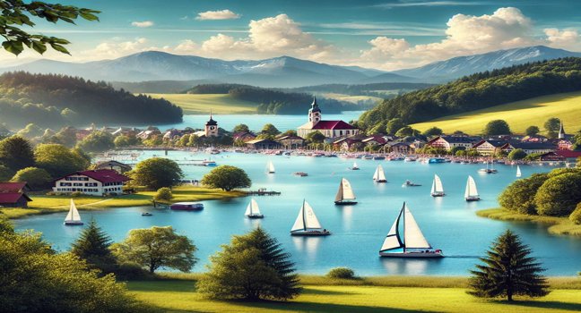 Best destinations for sailing in Germany, showcasing serene lakes with sailboats, lush green forests, traditional architecture, and rolling hills under clear skies