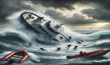 View a striking scene of a boat accident with rough waters and stormy skies, capturing the intensity of the moment