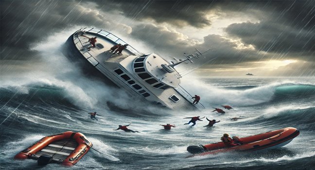 View a striking scene of a boat accident with rough waters and stormy skies, capturing the intensity of the moment